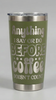 Green tumbler with silver text on a gray background