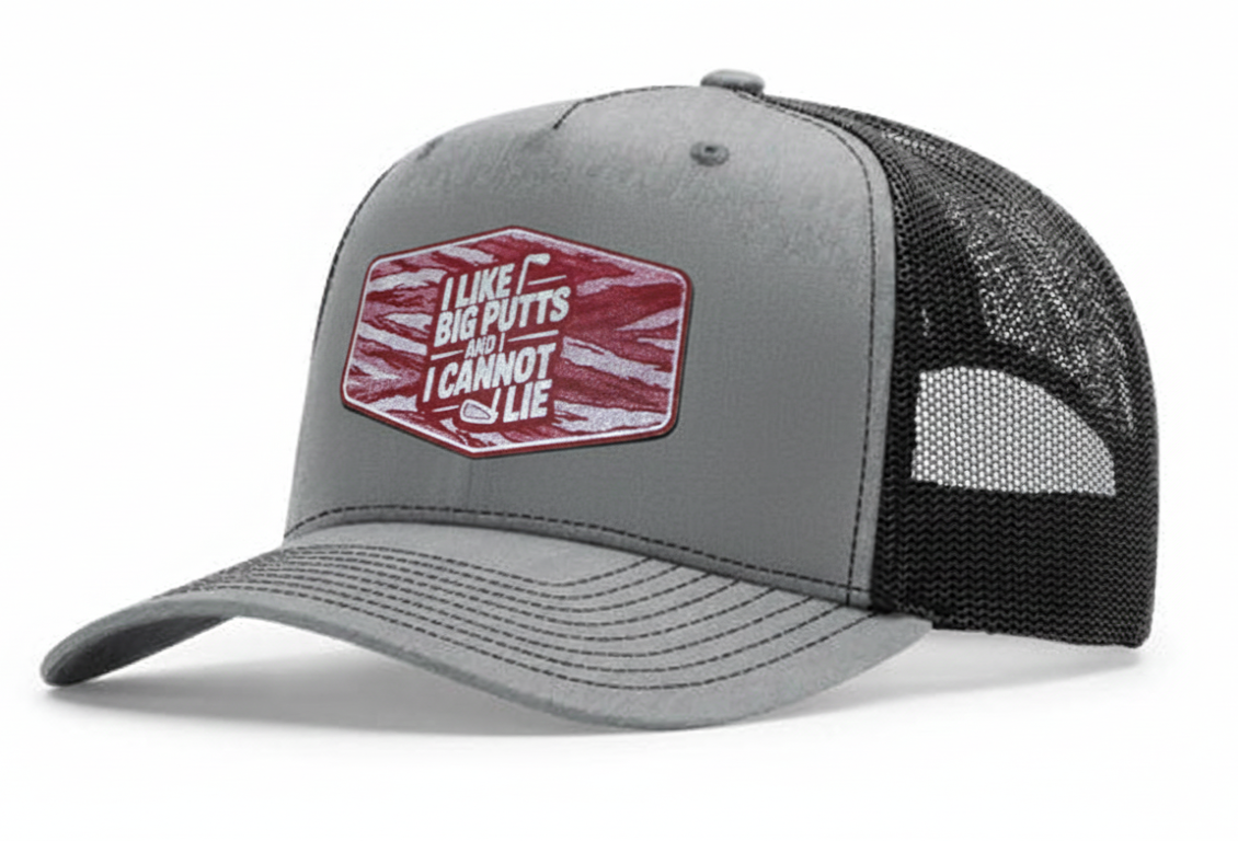 Gray and black cap with a red and white patch on a white background