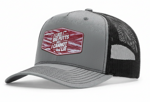 Gray and black cap with a red and white patch on a white background