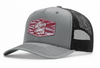Gray and black cap with a red and white patch on a white background